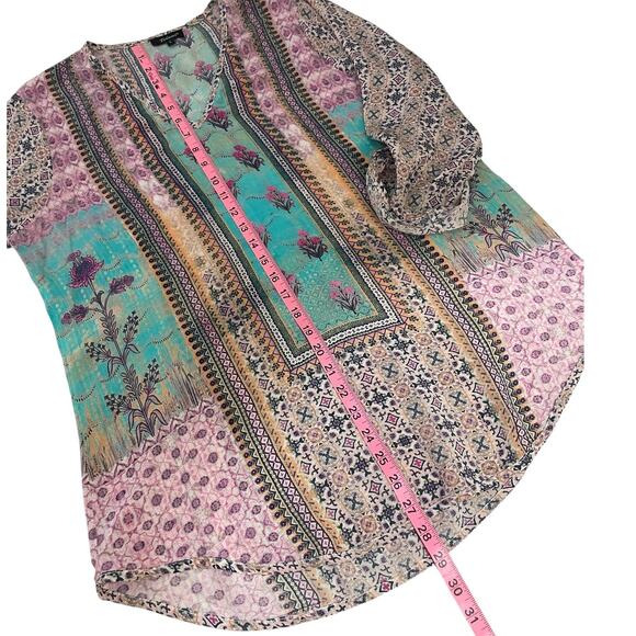 Tolani 100% Silk Printed Tunic Top Roll Tab Sleeves Beach Resort Vacation Large - Picture 11 of 14